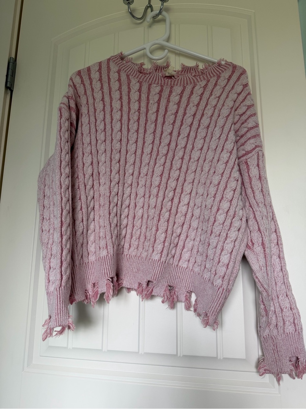 BiBi Pink Distressed Cable-Style Crewneck Sweater